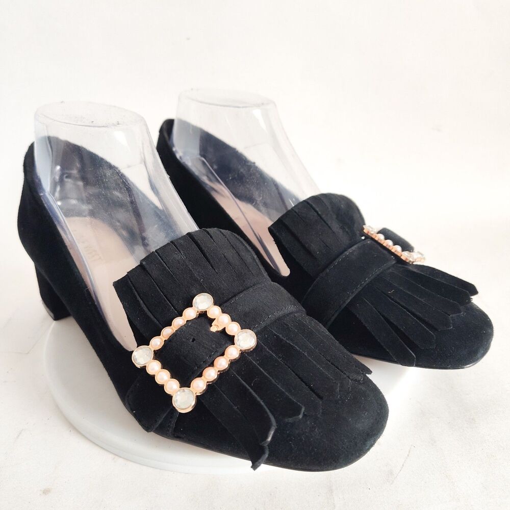 Nine West Pumps Size 8 Black Suede Leather Low Block Heels Office Kilty Pilgram - Picture 1 of 12